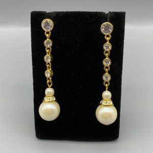 Avon 1990's Rhinestone and Pearl-like Bead Dangle Pierced Earrings